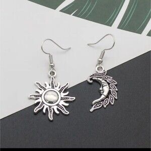 SILVER sun and moon earrings minimalist boho jewelry